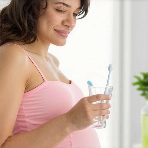 Gentle Pregnancy Oral Care Routine Pregnant woman using a soft toothbrush and saltwater rinse to manage gingivitis.