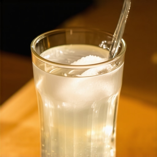 A glass of warm saltwater used for rinsing after a tooth extraction to reduce metallic taste.