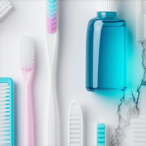 Alcohol-free mouthwash and soft toothbrush on a bathroom counter