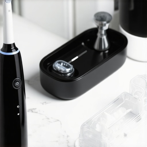 Close up of an electric toothbrush and water flosser on a bathroom counter
