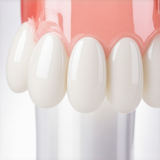 Close up of a realistic porcelain dental crown showing natural light reflection and texture