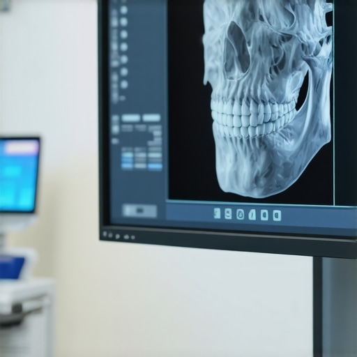 A detailed 3D dental scan showing jawbone density and virtual implant planning.