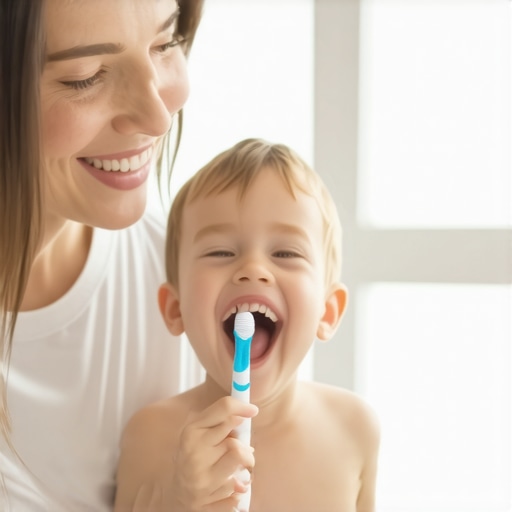Mother and toddler child playing with electric toothbrush to desensitize dental sounds.