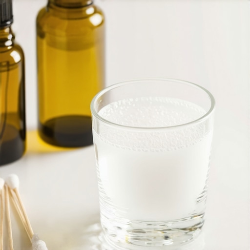 A glass of salt water and clove oil used for treating dry socket pain at home.