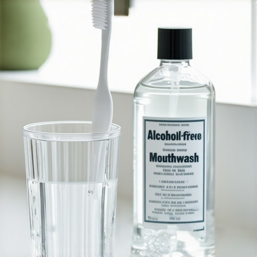Glass of water and alcohol-free mouthwash on a bathroom counter