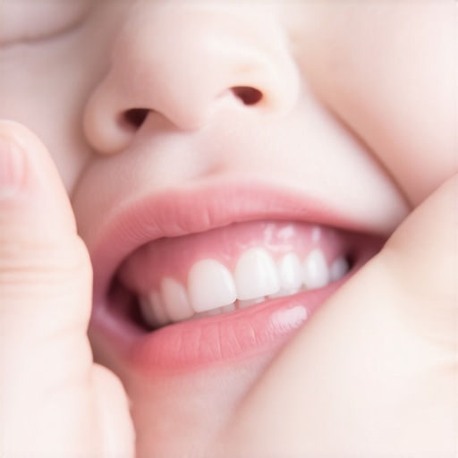 A close-up of an infant's gums showing signs of a new tooth erupting.