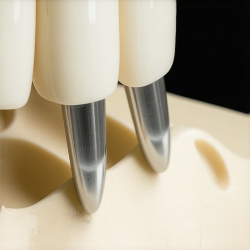Close-up of a dentist checking the margin of a loose dental bridge with a probe.