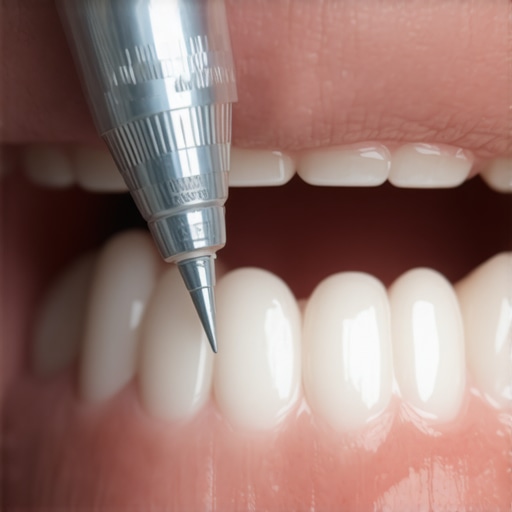 Inspecting the margin of a dental crown Close-up of a dentist examining a dental crown for leaks or decay at the gum line.