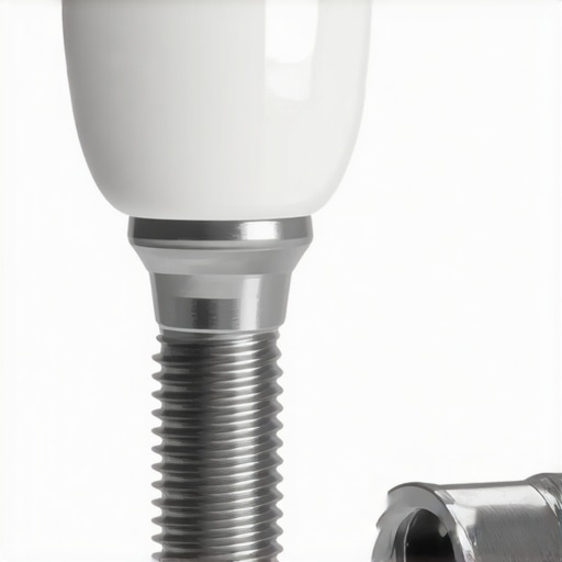 A detailed view of the three-part assembly of a dental implant including the screw and crown showing the access channel.
