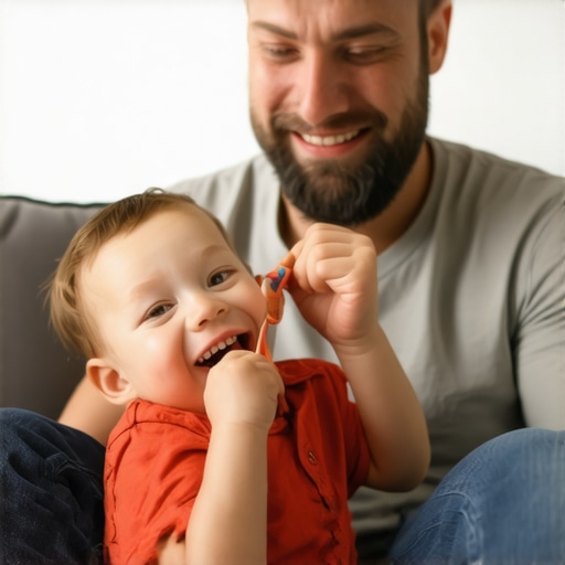 A parent using the knee-to-knee flossing method with a toddler on a couch.
