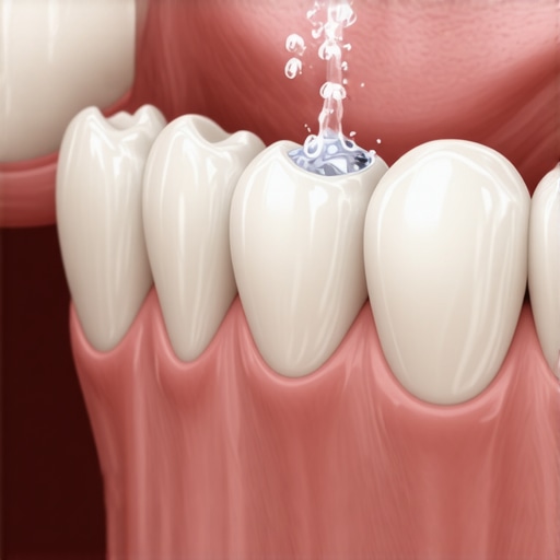 Close-up of a water flosser cleaning the margin of a dental crown