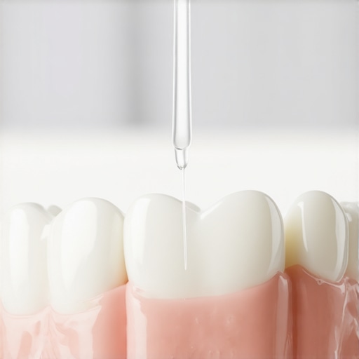 Close up of a person using a water flosser to clean the gum line around a dental crown for maintenance.