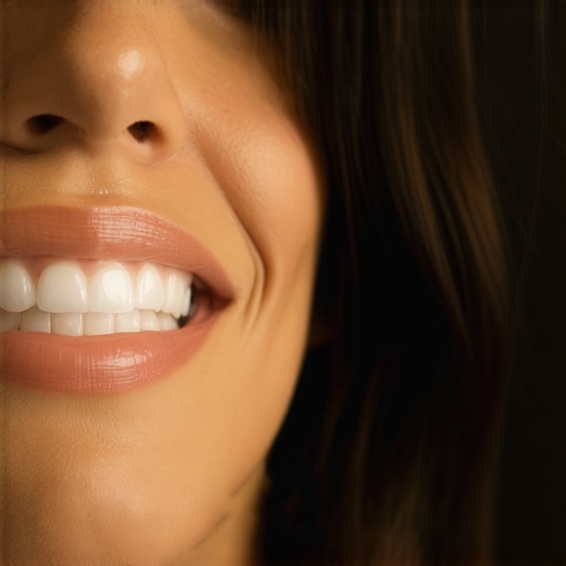 Macro view of a water flosser cleaning dental crowns and gums