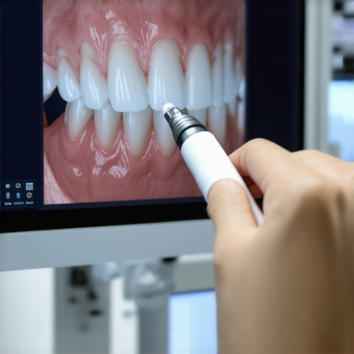 A dentist using a 3D scanner to monitor the integrity of dental crowns and tooth alignment.