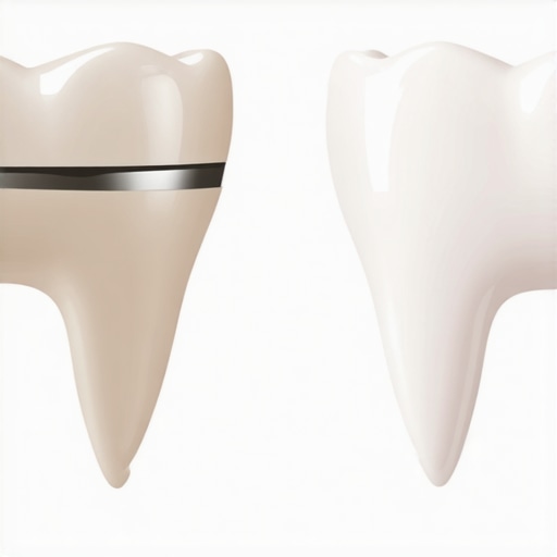 Comparison of a dark metal-edged dental crown and a natural porcelain crown.