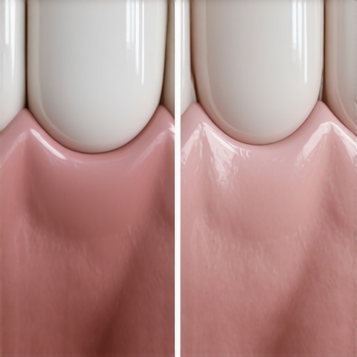 Close up comparison of older PFM dental crowns showing dark gum lines and modern all-ceramic restorations.