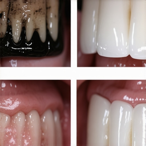 Comparison of modern ceramic dental crown and old PFM crown with a dark line at the gum line
