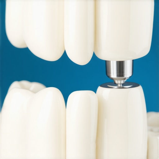 A ceramic dental crown being placed on a tooth model to demonstrate structural repair.