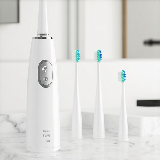 High-tech dental tools including a water flosser and sonic toothbrush on a clean bathroom counter.