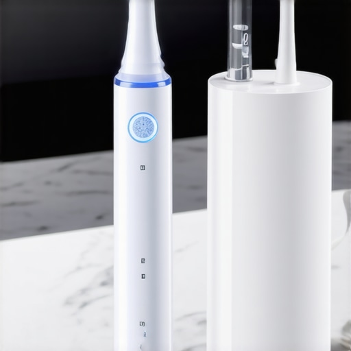 Modern Dental Maintenance Tech High-end electric toothbrush and water flosser on a bathroom vanity.