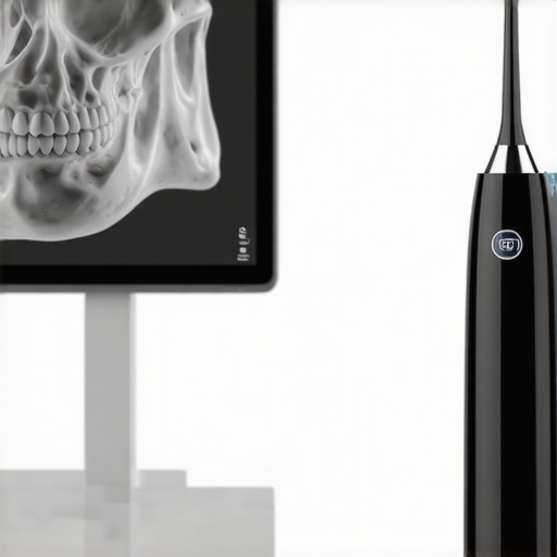 Modern Dental Maintenance Tools Close up of a water flosser and digital dental scan on a monitor