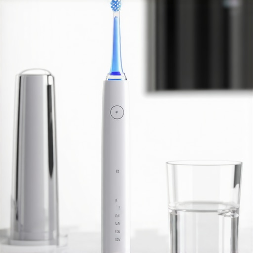 A modern electric toothbrush and water flosser on a bathroom counter representing advanced oral hygiene maintenance.