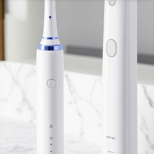 Electric toothbrush with pressure sensor and water flosser on a bathroom vanity