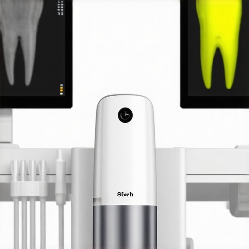 Professional water flosser and AI dental diagnostic software on a monitor in a modern clinic.