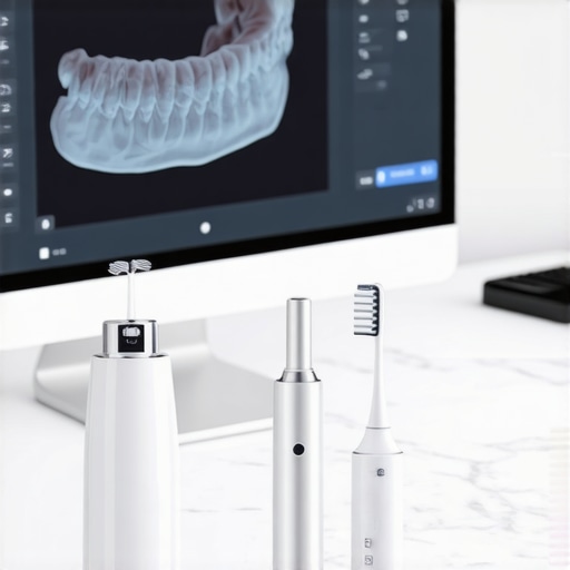 Professional dental maintenance tools including a water flosser and sonic toothbrush next to a digital dental scan monitor.