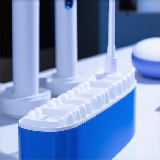 Modern Dental Maintenance Tools for Crowns A night guard and oral irrigator displayed in a professional dental setting to illustrate crown maintenance.