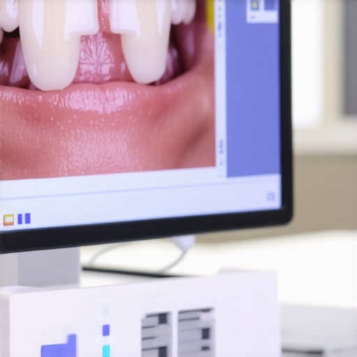 A computer screen displaying a 3D digital occlusal scan of human teeth for TMJ diagnosis.
