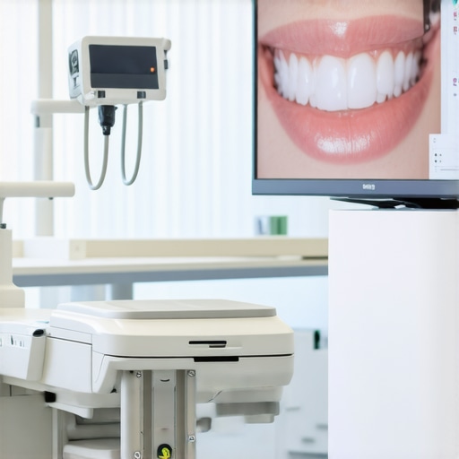 A digital 3D dental scanner showing a detailed map of a patient's teeth for precision crown placement.