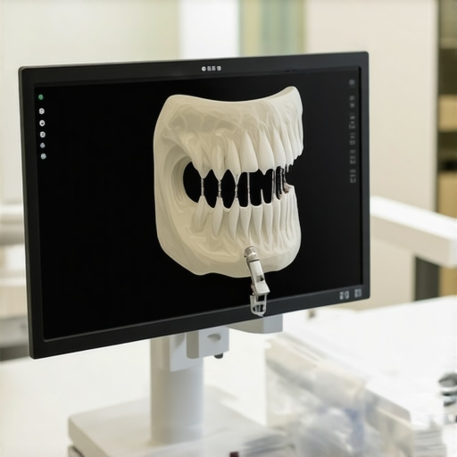 A 3D digital dental scan on a computer screen showing high precision tooth modeling.