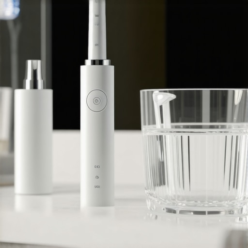 Electric toothbrush and water flosser on a bathroom counter for crown and veneer care.
