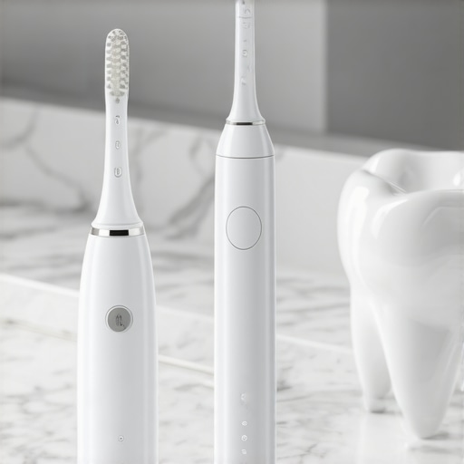 Close up of an electric toothbrush and water flosser for dental maintenance.