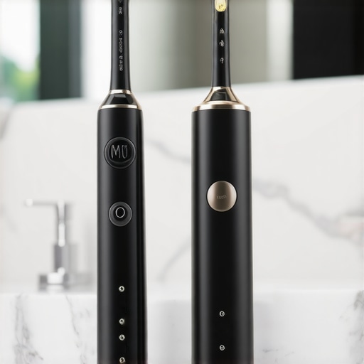 Electric toothbrush and water flosser on a vanity representing advanced oral care