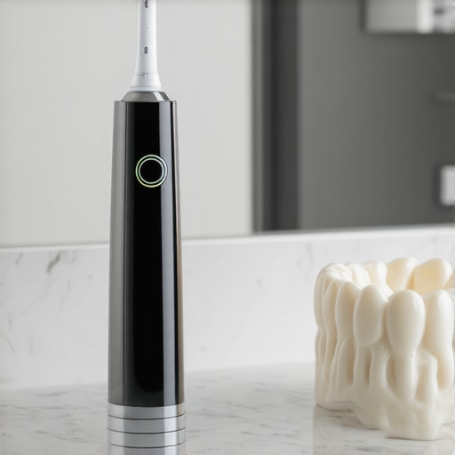 Electric toothbrush and water flosser on a bathroom vanity for cleaning dental crowns and bridges.