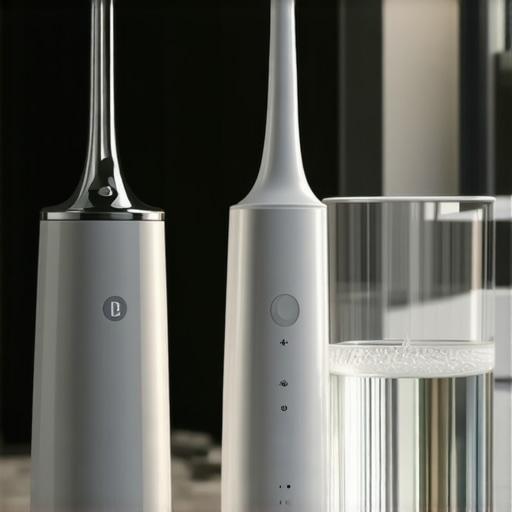 A water flosser and electric toothbrush placed on a bathroom counter to illustrate post-dental cleaning care.