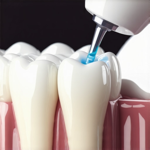Close-up of a person using a water flosser to clean a dental crown