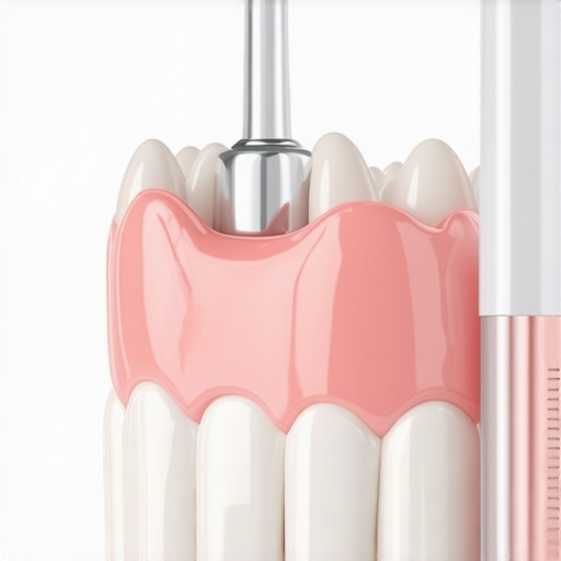A high-tech water flosser being used to clean the margin of a dental crown for better oral hygiene.