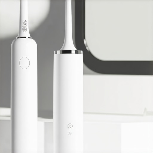 Close up of a water flosser and electric toothbrush on a bathroom counter