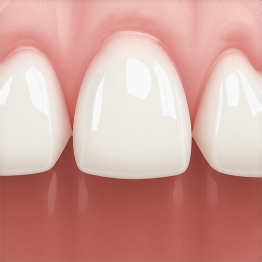 Close-up of healthy gums and translucent dental crowns showing natural light transmission.