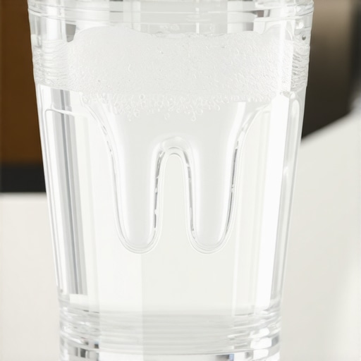 A dental night guard in a glass of vinegar and water solution for deep cleaning.