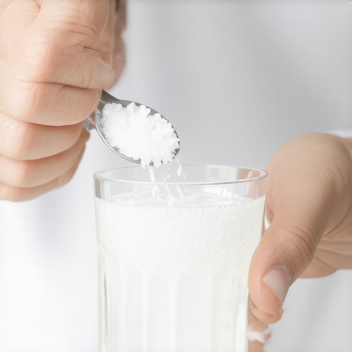 A glass of warm salt water being prepared to rinse out a metallic taste after a dental appointment