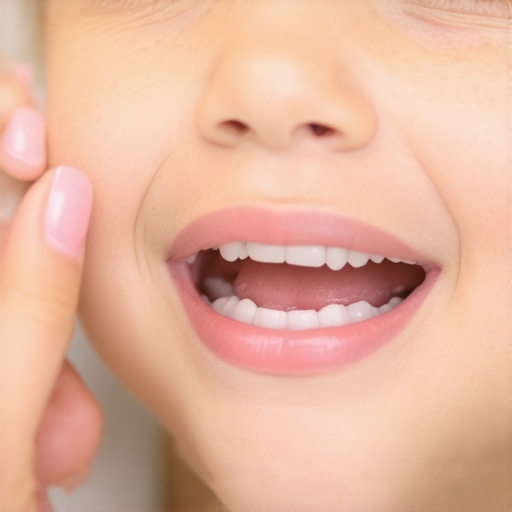 Close-up of a parent inspecting a child's teeth and gums for early signs of cavities.