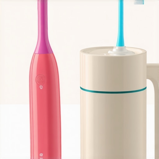 A pediatric water flosser and colorful toothbrush on a bathroom counter representing child-friendly dental maintenance.