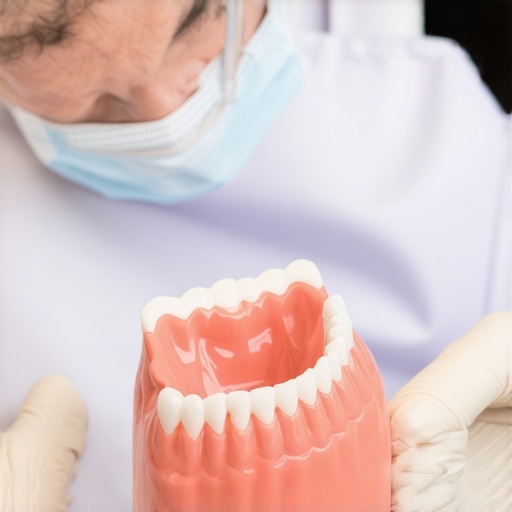 A dentist using a jaw model to explain how permanent teeth move into place behind baby teeth.