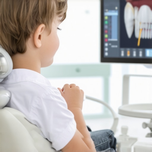 A child viewing a 3D dental scan during an orthodontic evaluation.