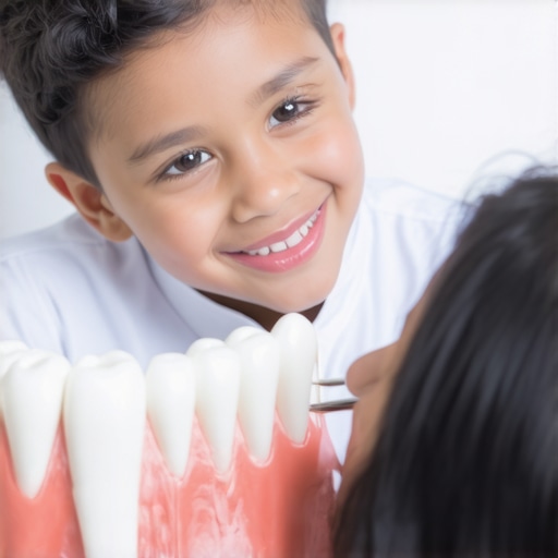 Dentist using a model to explain the importance of primary teeth as placeholders for permanent teeth.