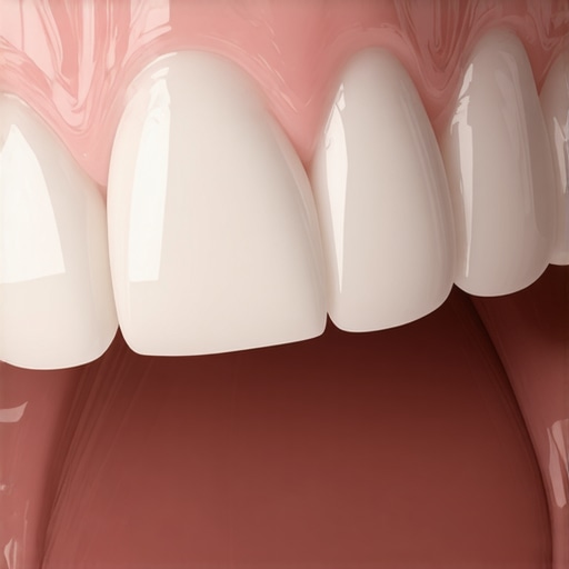 Macro view of a porcelain dental crown showing high-quality fit and translucency.